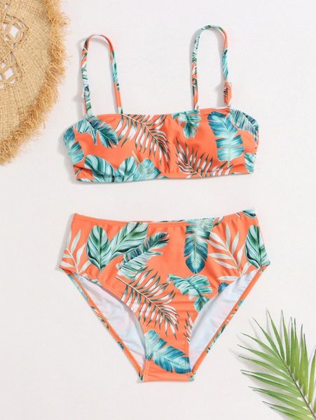 

plant print bandeau bikini swimsuit g66e#, White;black