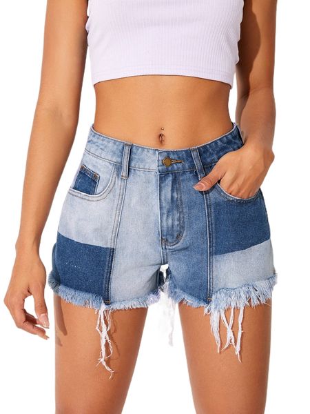 

colorblock raw hem denim shorts 50jz#, White;black