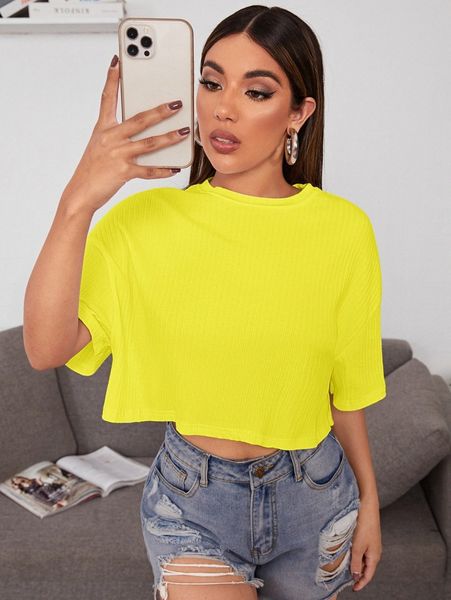

neon yellow drop shoulder solid rib-knit crop tee k8oa#, White