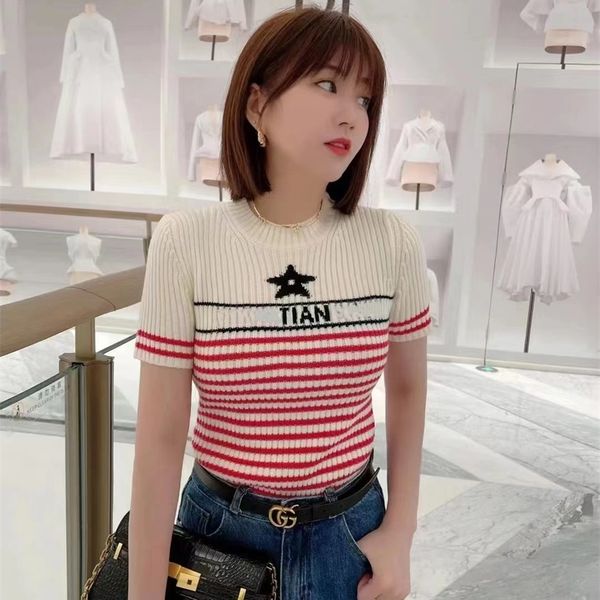 

coat sweaters striped jacquard short sleeved sweater 2022 summer new age reduction foreign style slim fit versatile t-shirt commuter women&#, White;black