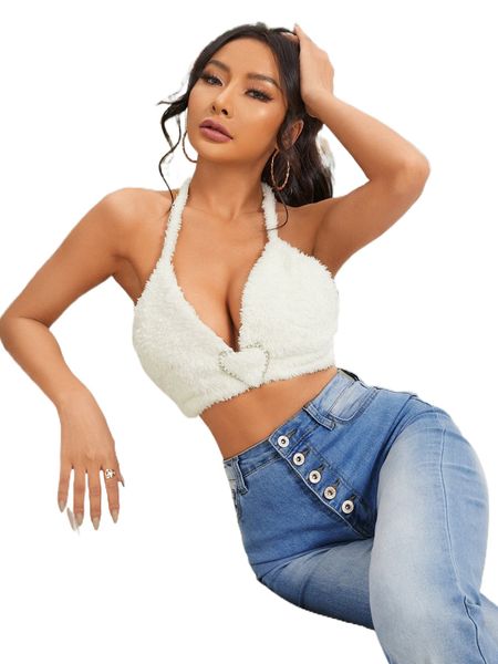 

rhinestone heart ring backless knot flannel halter h1ep#, White