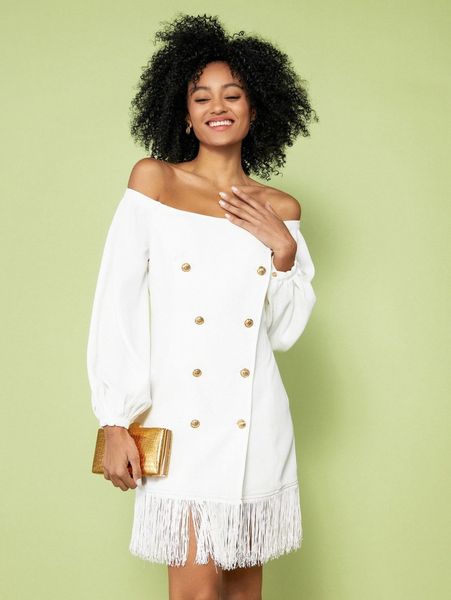 

x redefinition off shoulder double breasted fringe hem lantern sleeve dress o4yt#, Black;gray