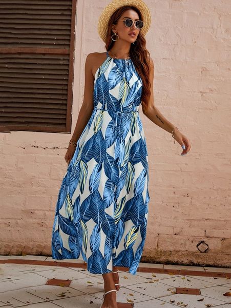 

tropical print tie front halter dress z3wq#, Black;gray