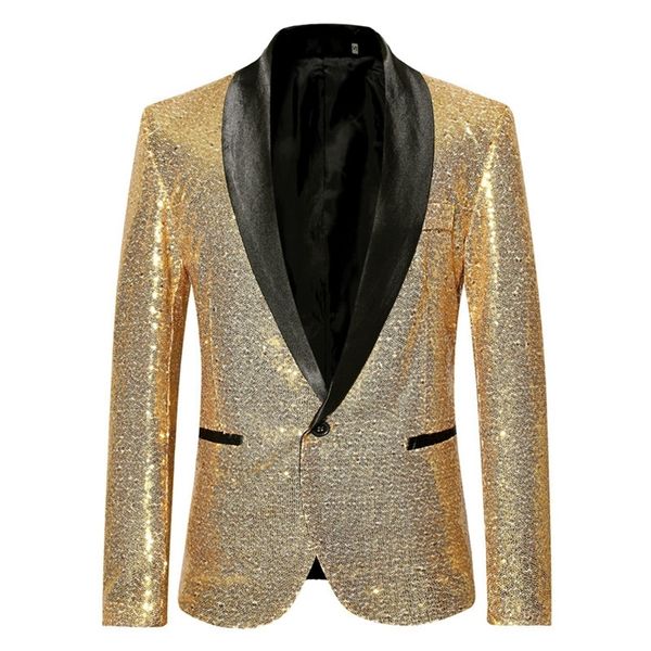 Мужские блестящие золотые блестки блеска блейзер куртка мода шаль воротник одна кнопка костюма пиджак мужской сценический певец костюм Homme 220409