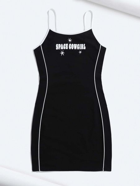 

x chromoeye contrast binding slogan graphic dress g81n#, Black;gray