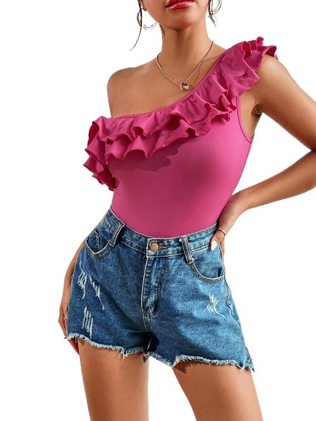 

one shoulder layered ruffle trim bodysuit z9ct#, White