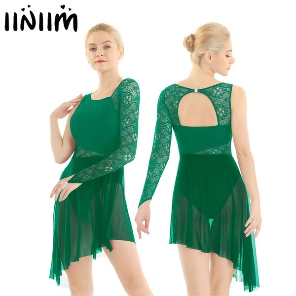 Vestido de collant feminino solteiro com corpete de renda da ponta dos dedos da dança moderna da dança femme adulto ginástica assimétrica 220812