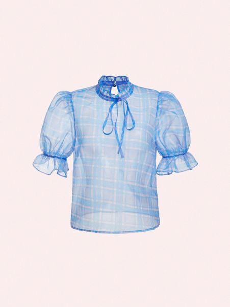 

mod plaid print flounce sleeve tie neck n5zx#, White