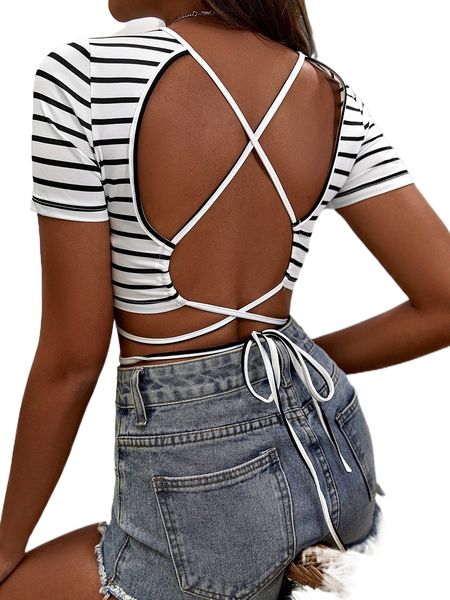 

striped guipure lace trim crisscross backless tee r1io#, White