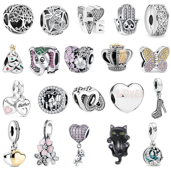 Encantos de contas de prata esterlina s925 de luxo com contas de luxo, borboleta, pingente de gato preto, ajuste original, pandora, apanhador de sonhos, pulseira, joias populares, presentes para mulheres