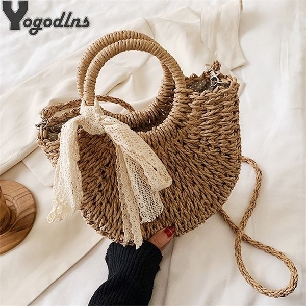 Strohtasche Frauen handgewebte Handtasche Mondform Spitze Schleife Rattan Tasche große Kapazität Kordelzug lässig Strand Schulter Umhängetasche 220630