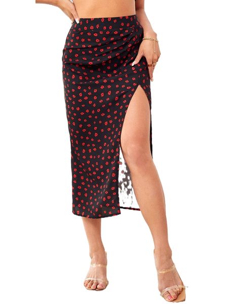 

ditsy floral print split thigh skirt g2x6#, Black