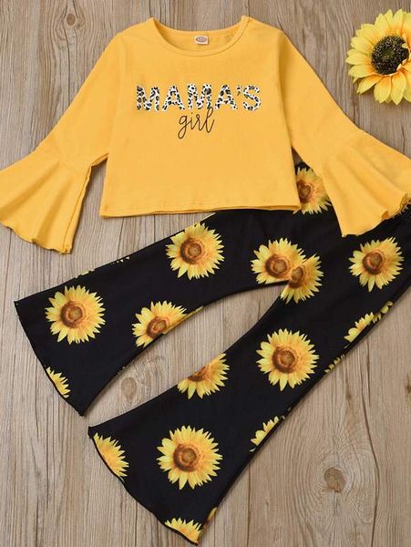 

toddler girls letter graphic tee & sunflower pants set she, White