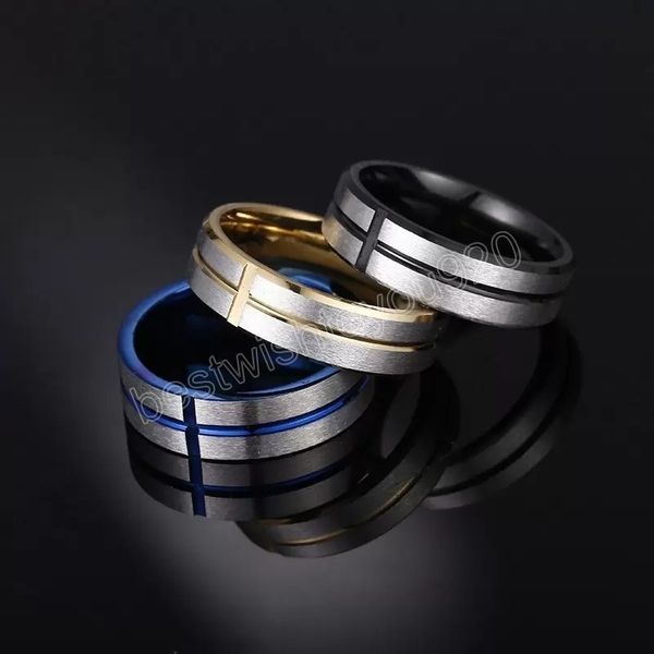 Incision Groove Cross Band Ringe Edelstahl Blau Schwarz Gold Fingerring Damen Herren Modeschmuck