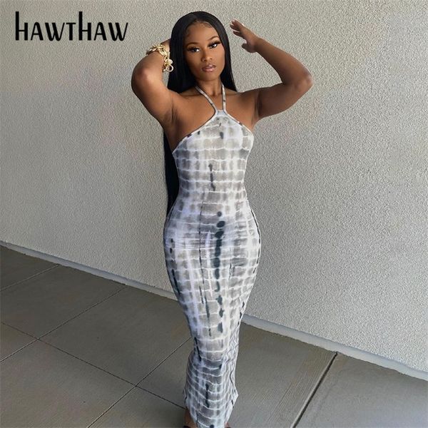 

hawthaw women summer fashion sleeveless halter printed bodycon pencil long dress sundress female clothing streetwear 220613, Black;gray