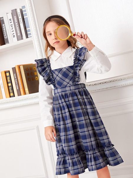 

girls tartan print ruffle trim dress & keyhole back she, White