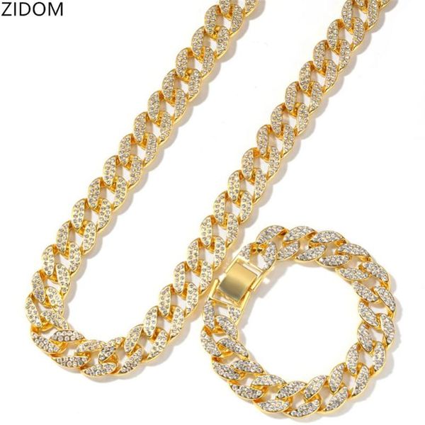 

2pcs/set men hip hop iced out bling chain necklace& bracelets 15mm width miami cuban chains necklaces hiphop jewelry gifts216o, Silver