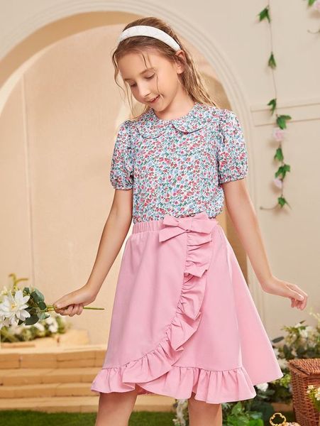 

girls 1pc ditsy floral print & 1pc knot side ruffle trim wrap skirt she, White