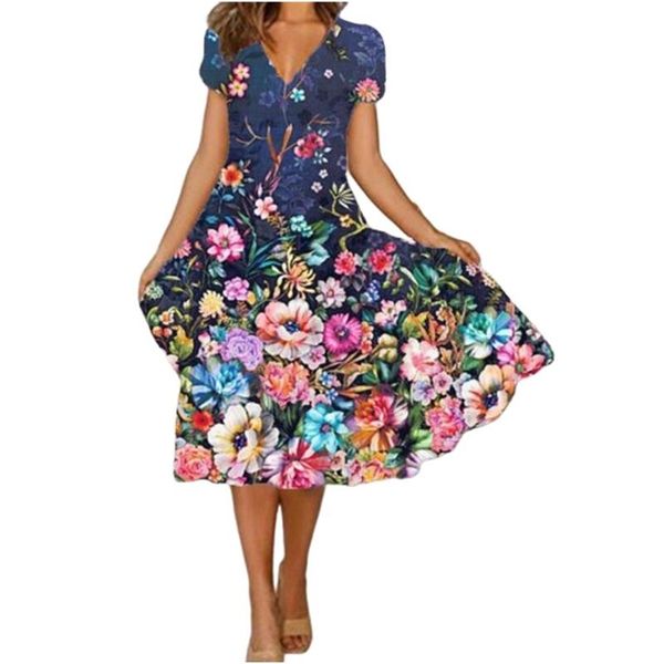 

women vintage short sleeve v-neck floral printed dresses summer a-line elegant party dress ladies casual loose boho 220426, Black;gray