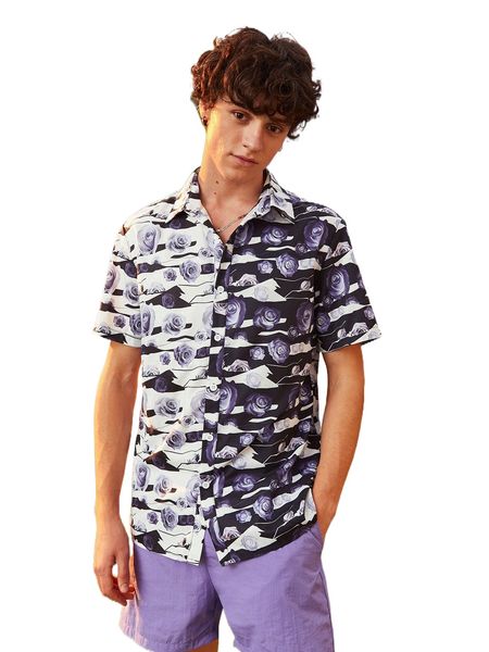 

romwe guys rose print shirt s2ie#, White;black