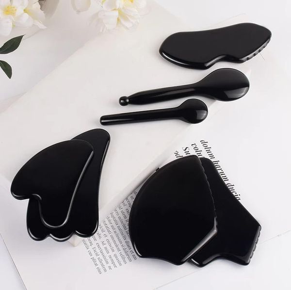 Hochwertiger Großhandel verschiedene Form Gesichtspflege Massagebaste Sägezahn Naturstein Schwarz Obsidian Gesichtsgesichts Gua Sha Tool Spa Massagne Gesundheitskörper Guasha Scraper Board