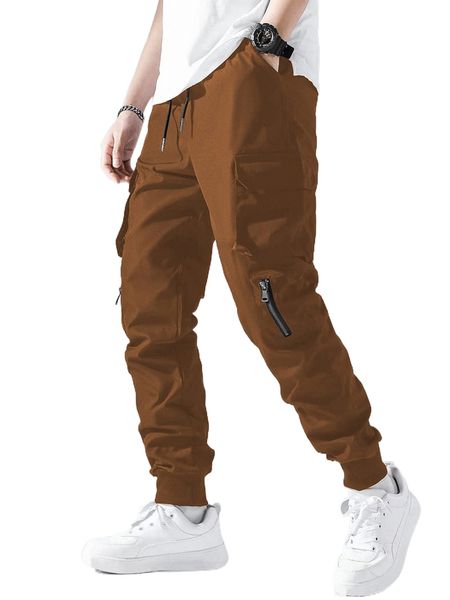 

men zip detail flap pocket side drawstring waist cargo pants l9pw#, Black