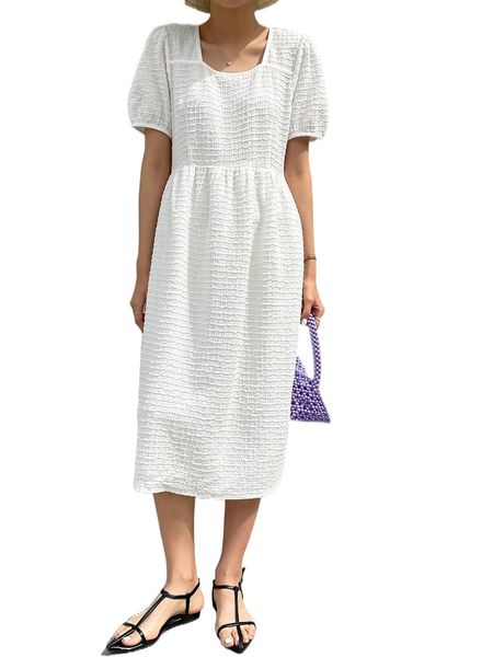 

dazy-less solid textured puff sleeve dress w07t#, Black;gray