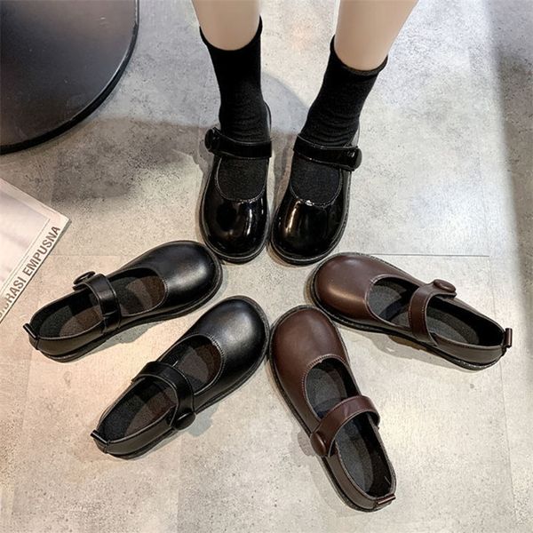 

sepatu datar lucu kawaii untuk wanita platform modis mary jane lolita kasual seragam jk kulit paten ujung bundar baru 220614, Black