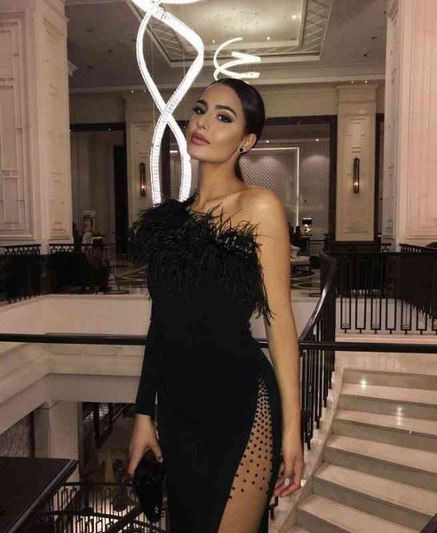 

casual dresses women's autumn winter feather single sleeve wool collar diagonal shoulder dot mesh bandage dress temperament, Black;gray