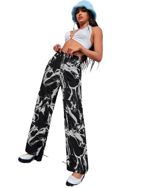 

all over print elastic waist pants t37f#, Black;white