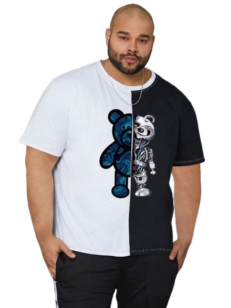 

extended sizes men color block bear print tee s2fi#, White;black
