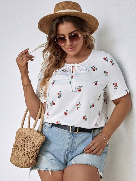 

plus floral print tie neck tee u9uj#, Black