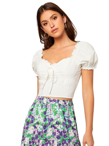 

puff sleeve knot front contrast eyelet embroidery blouse a1ne#, White