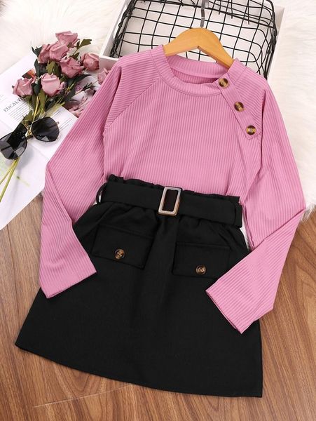 

girls solid button ribbed tee & belted pocket skirt she, White