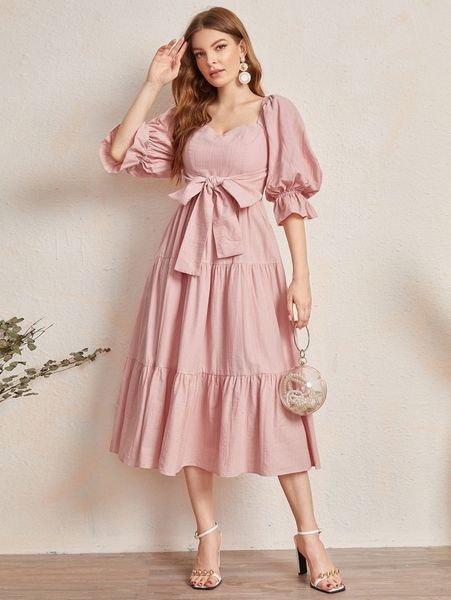 

sweetheart neck shirred back self belted dress f6go#, Black;gray