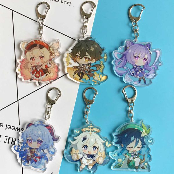 

keychains genshin impact zhongli diluc keychain cosplay cute game character venti paimon tartaglia mona acrylic key chain pendant keyring, Silver