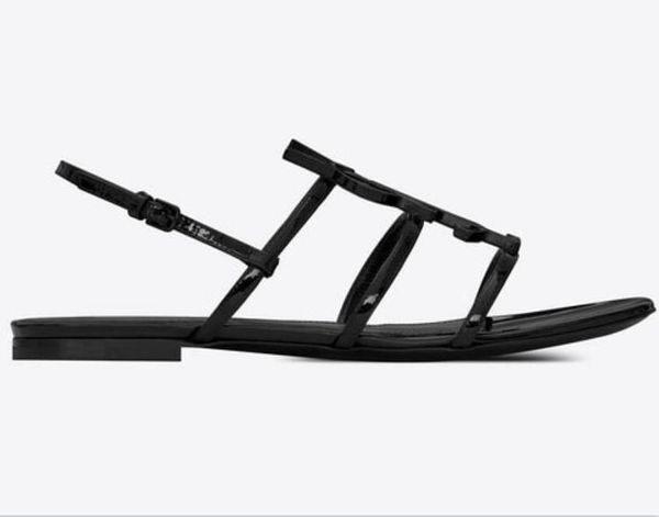 Alta qualidade Mulheres Luxos Designers Sandálias Sapatos Baixos Dedo do Pé Aberto Couro Envernizado Genuíno Alfabeto Sapato
