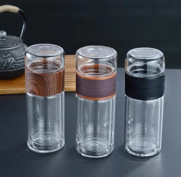 Bottiglie di acqua per tè in vetro da 300 ml da 10 once Tazza resistente al calore Tazza per acque di vetro a doppia parete con filtro per infusore per tè