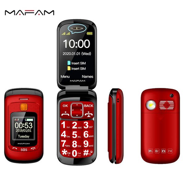 

Mafam Original Clamshell Mobile Pho Easy Work Two Torch Handwriting Dual Display Sim card SOS Call Speed Dial Cover Flash Light F899 Large Key Old Man, Red