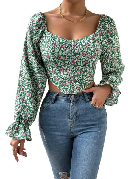 

ditsy floral print flounce sleeve shirred back crop blouse f41b#, White