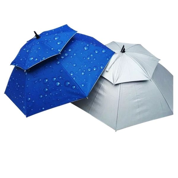 Fischerei Regen Regenschirm Hut Doppelschicht Outdoor Wanderfaltklappschirme Hüte Kappe Sonnencreme Falten -Regenkappe UV Sunny Fold Parasol 210401