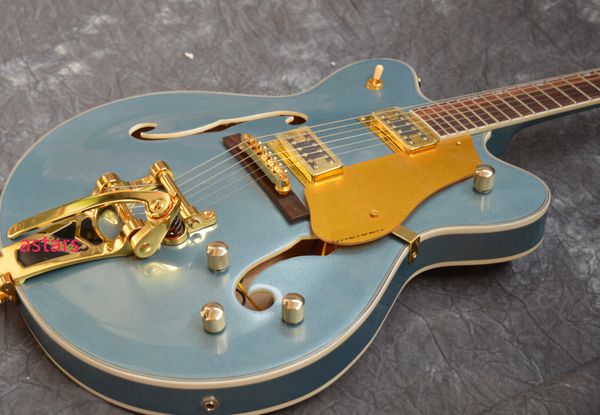 

blue jazz electric guitar semi hollow body gold hardware large rocker