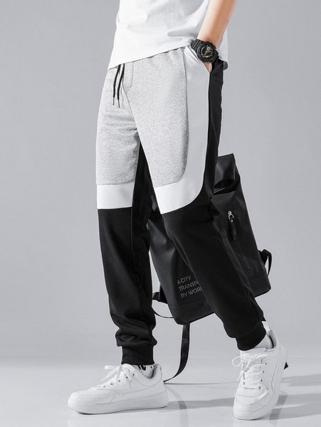

men colorblock drawstring waist sweatpants t5yx#, Black