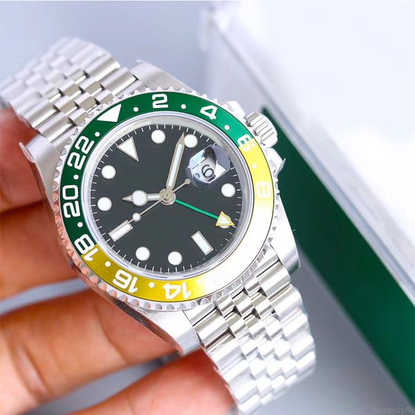 

men's watches 40mm gmt wristwatches automatic mechanical ceramic coke bezel stainless steel strap with folded buckle calendar display 1, Slivery;brown