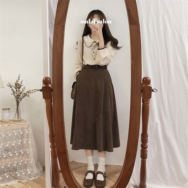 

a line solid women pleated autumn plus size knee length skirt female vintage suede skirts jupe femme faldas mujer y200326, Black
