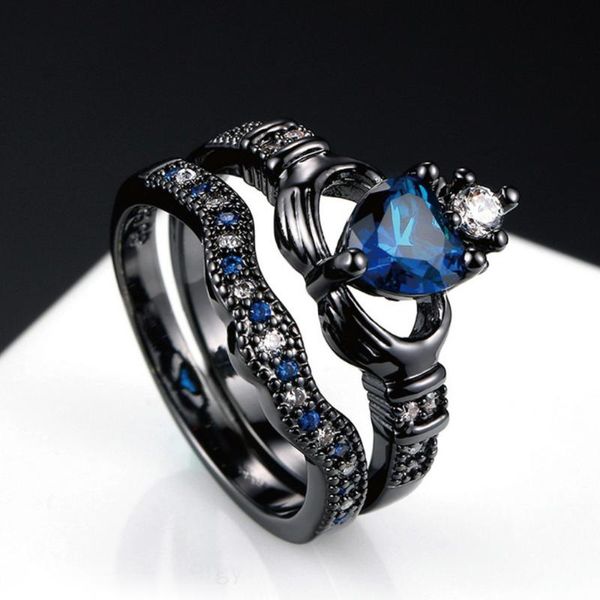 Ringos de cluster Conjuntos de anel de ouro preto para mulheres luxo punk azul amor coração cristal cúbico zirconia moda presente vintage jewelry dd0