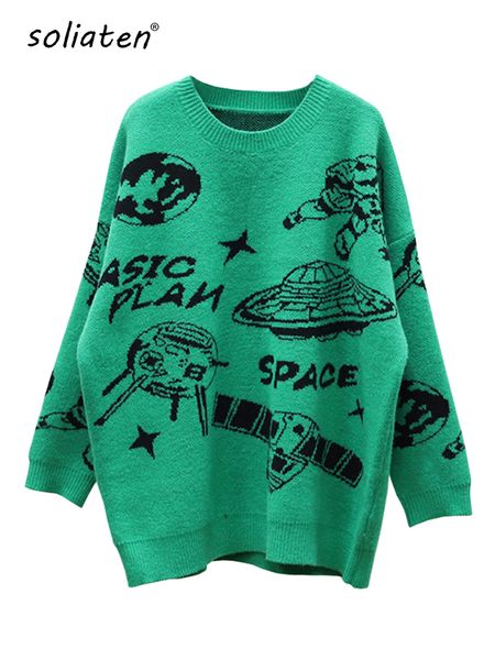 Hip Hop Streetwear Harajuku Maglione oversize Vintag Maglione retrò Maglione lavorato a maglia UFO 2022 Pullover caldo addensato C-215