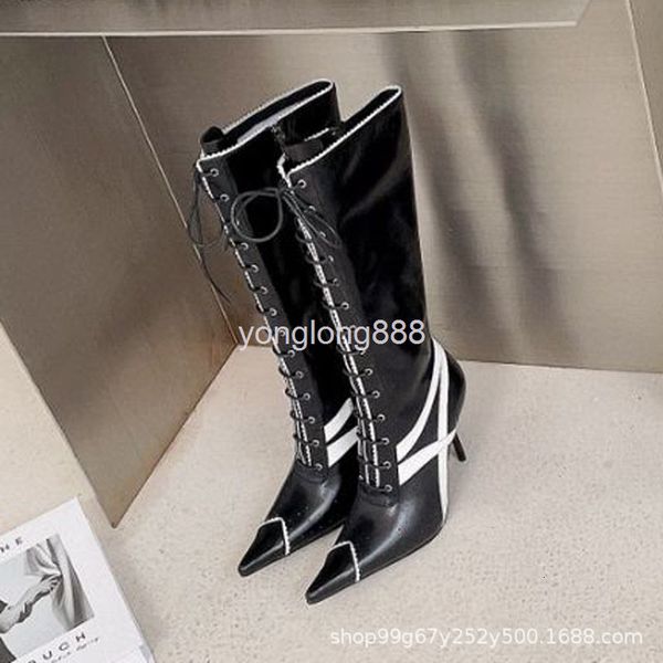 

boots children autumn net red british style side zipper knight boots pointed front lace up thin heel fashion, Black
