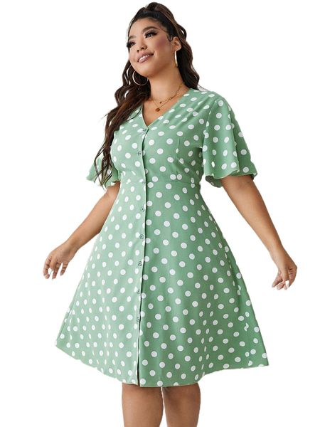

plus polka dot print butterfly sleeve dress t61f#, Black