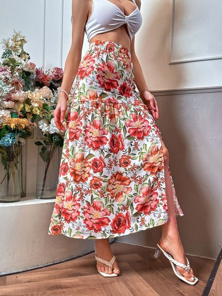 

floral print split thigh skirt n5te#, Black